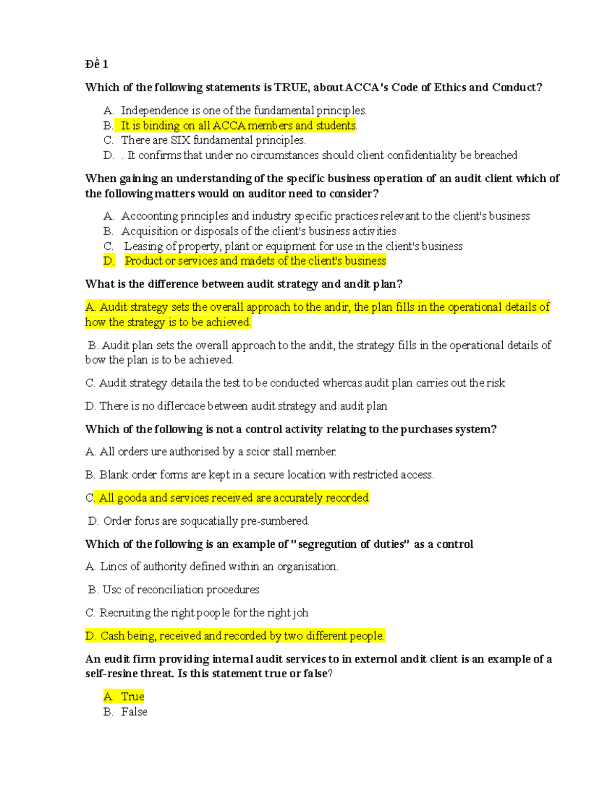 ACCA Ethics and Audit Control - Practice Questions and Answers - Studocu