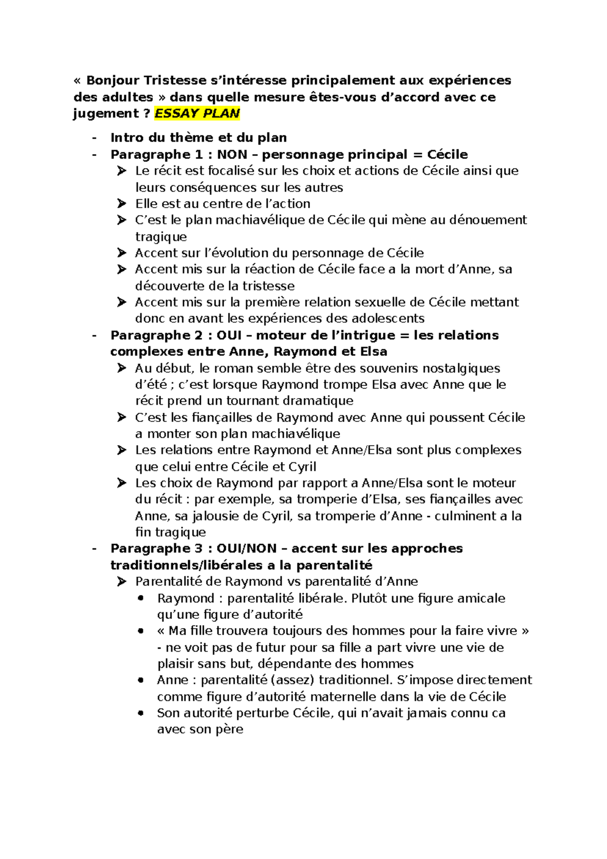Bonjour Tristesse : Plan d'Essai sur les Expériences Adultes et Cécile ...