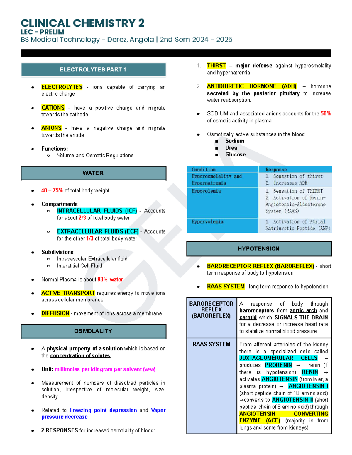 CLINICAL CHEMISTRY 2 LEC PRELIM: ELECTROLYTES & THIRST REGULATION - Studocu