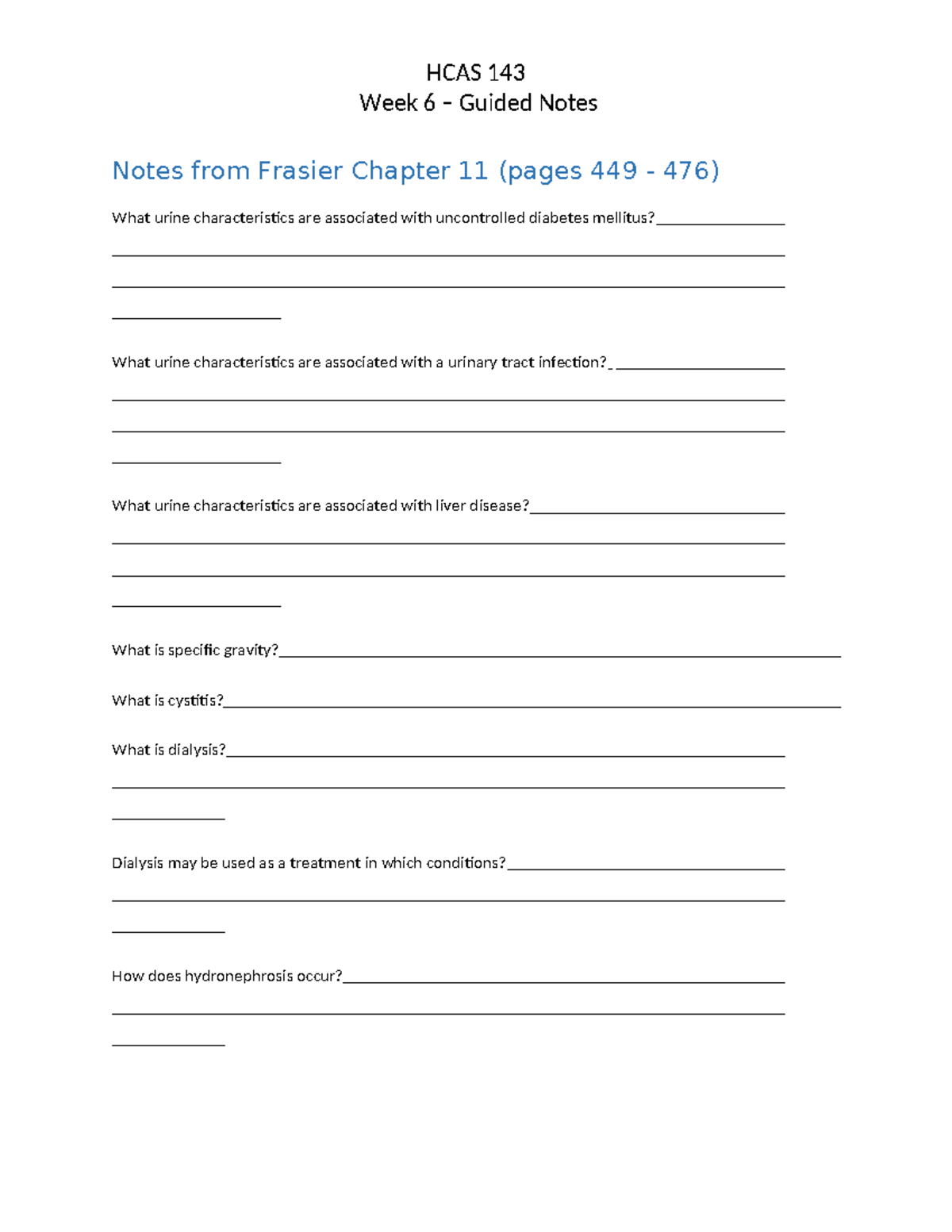 HCAS 143 Week 6 Guided Notes: Urinary & Reproductive System Insights ...