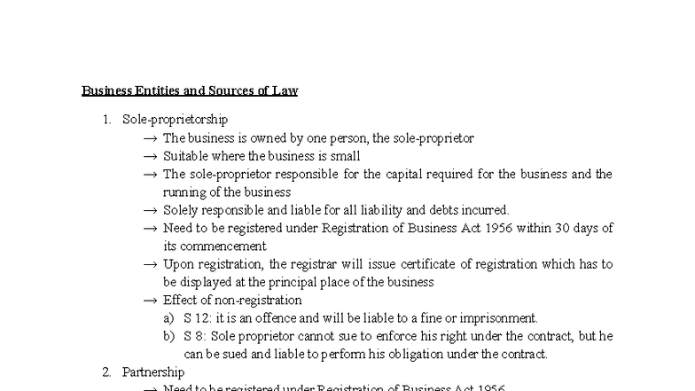 Company Law Notes Part 1: Business Entities & Legal Framework - Studocu