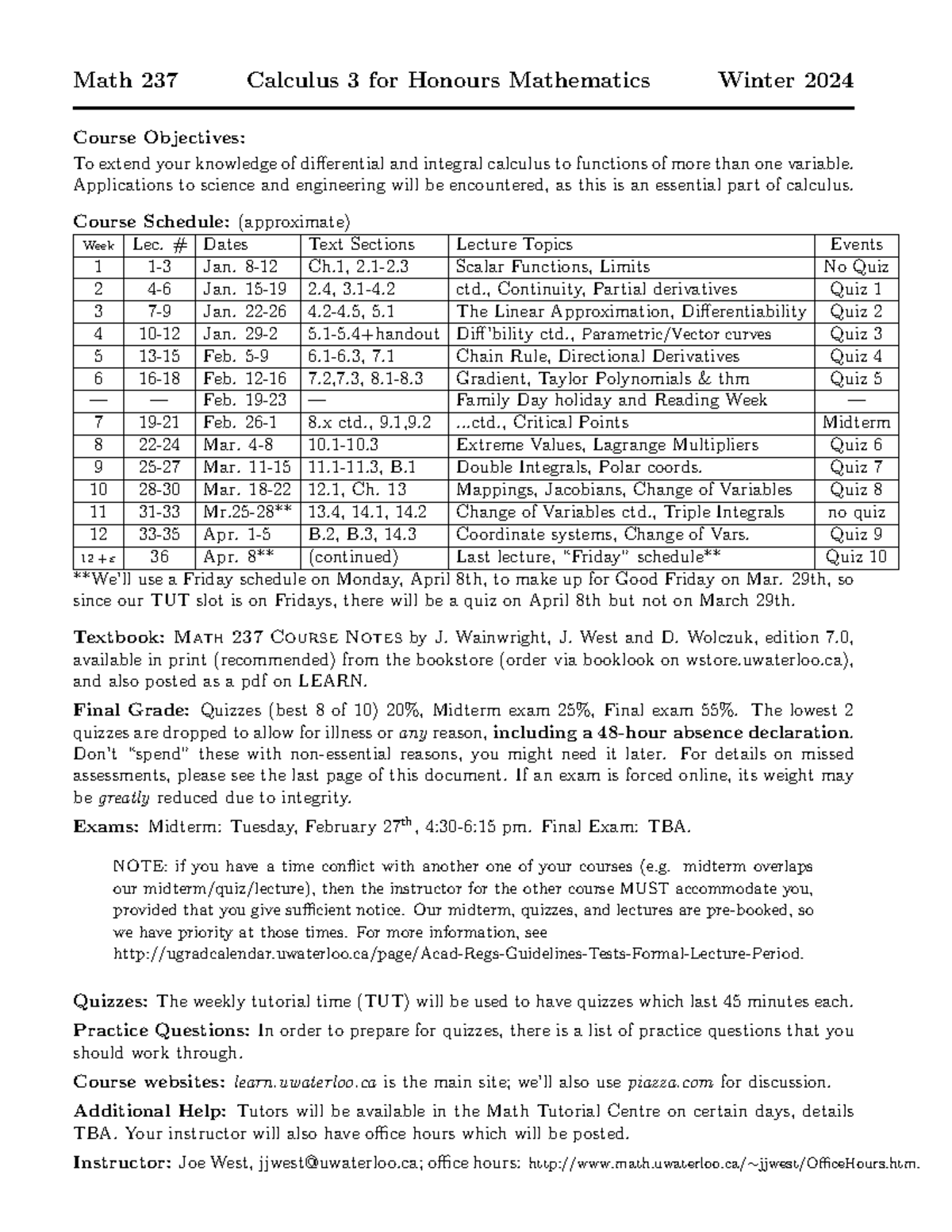Math 237 Calculus 3 Outline for Honours Mathematics Winter 2024 - Studocu