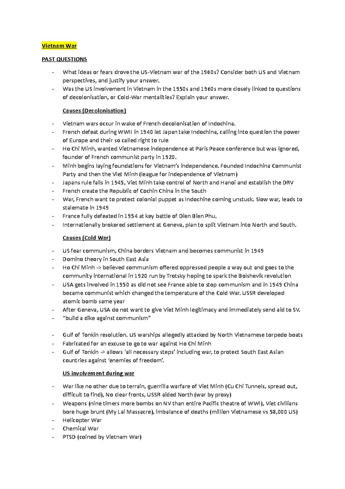 Vietnam War - Exam Essay Plan Overview and Key Points - Studocu