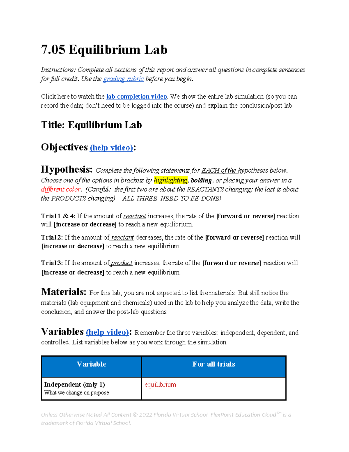 7.05 Equilibrium Lab Report Instructions and Data Analysis - Studocu