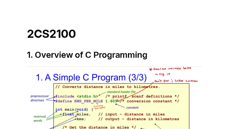 2CS2100 Lecture Notes: Overview of C Programming Concepts - Studocu