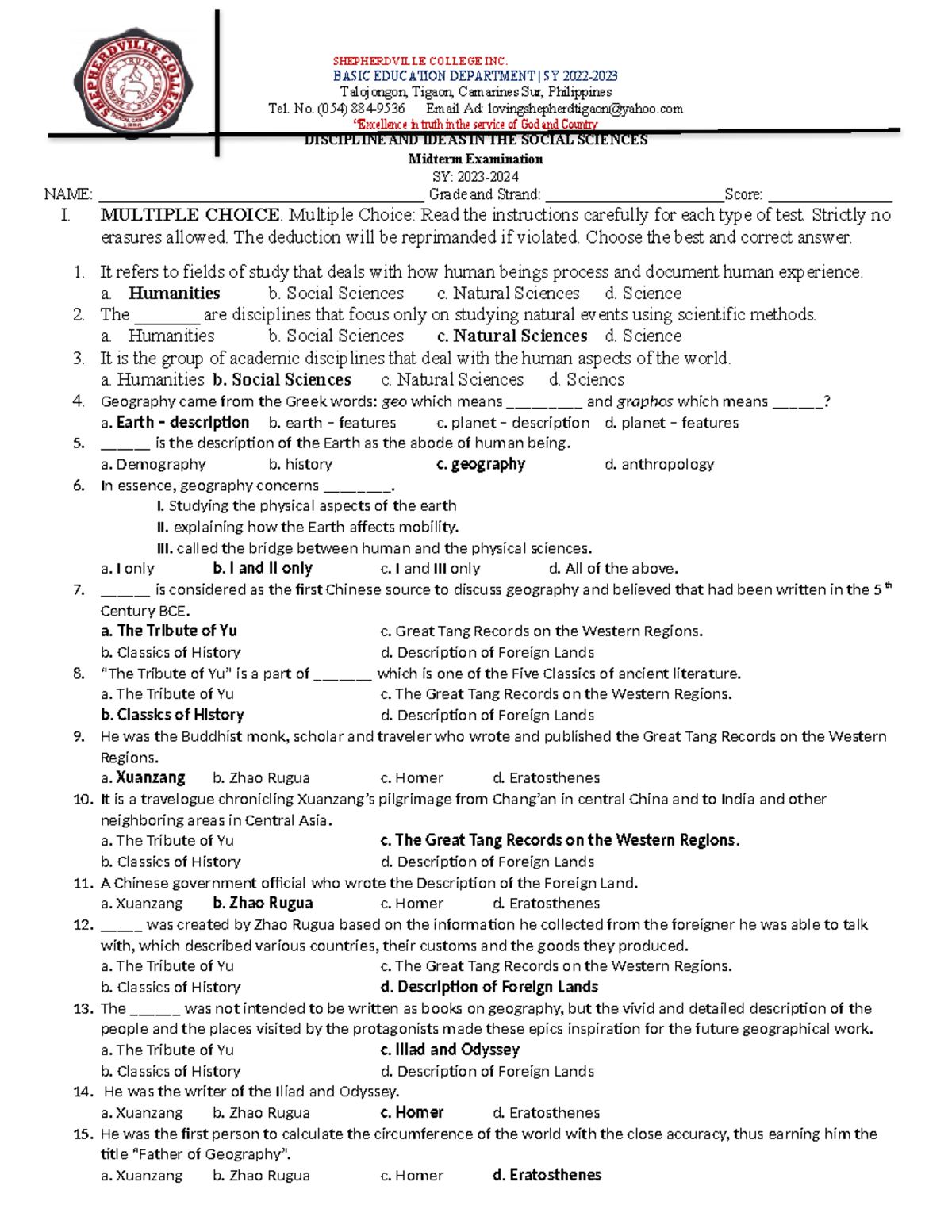Midterm exam - with answer - SHEPHERDVILLE COLLEGE INC. BASIC EDUCATION ...