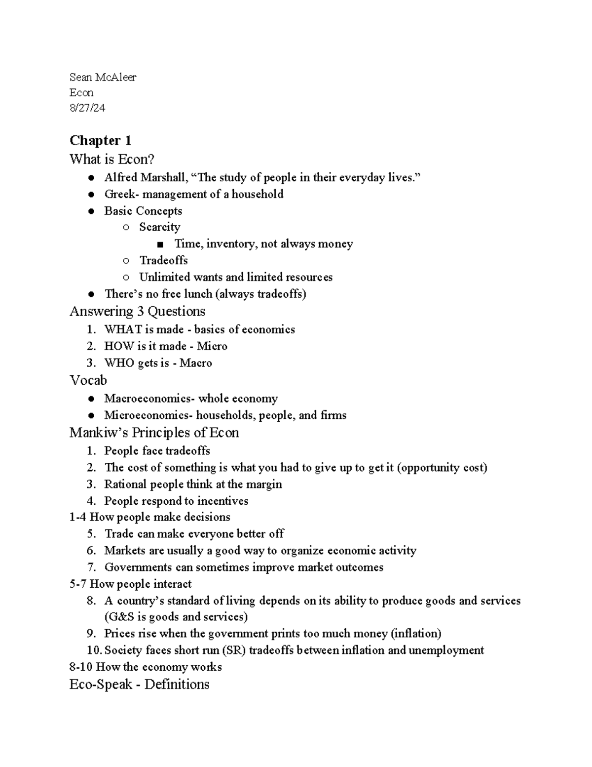 Econ 101 Notes: Concepts of Scarcity, Choices, and Economic Models ...
