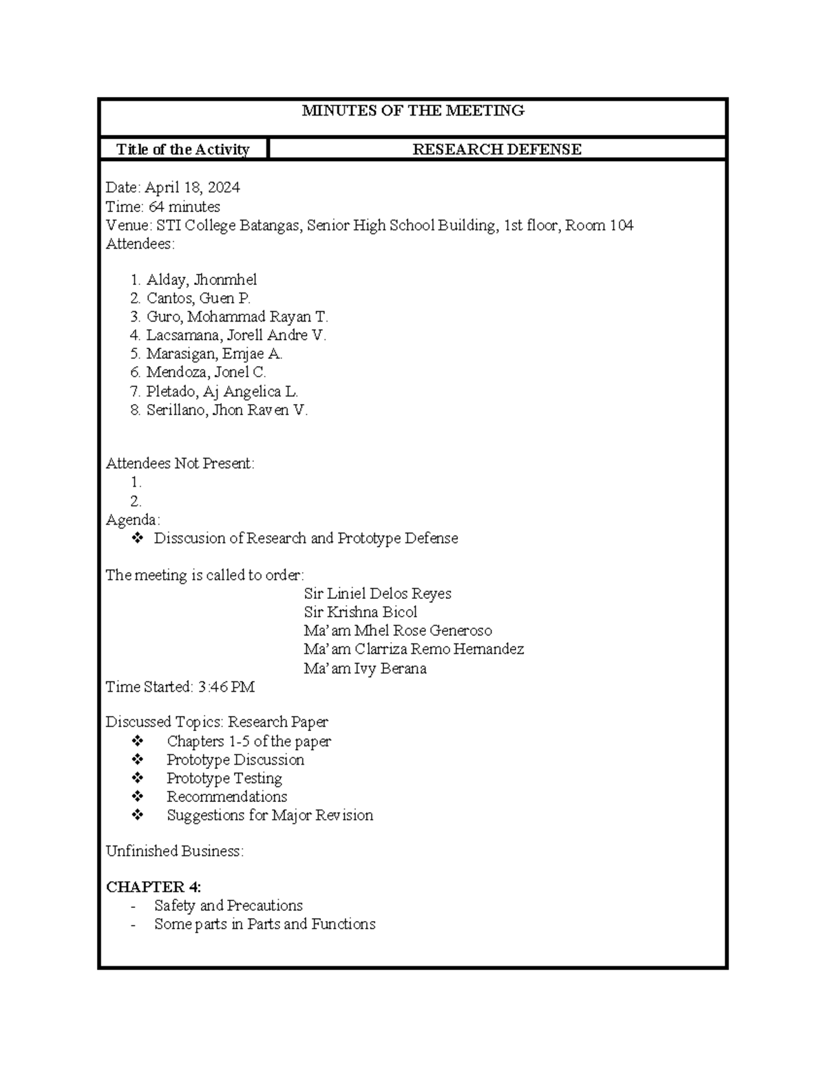 Minutes of Defense Meeting: Research Chapters 1-5 Discussion - Studocu
