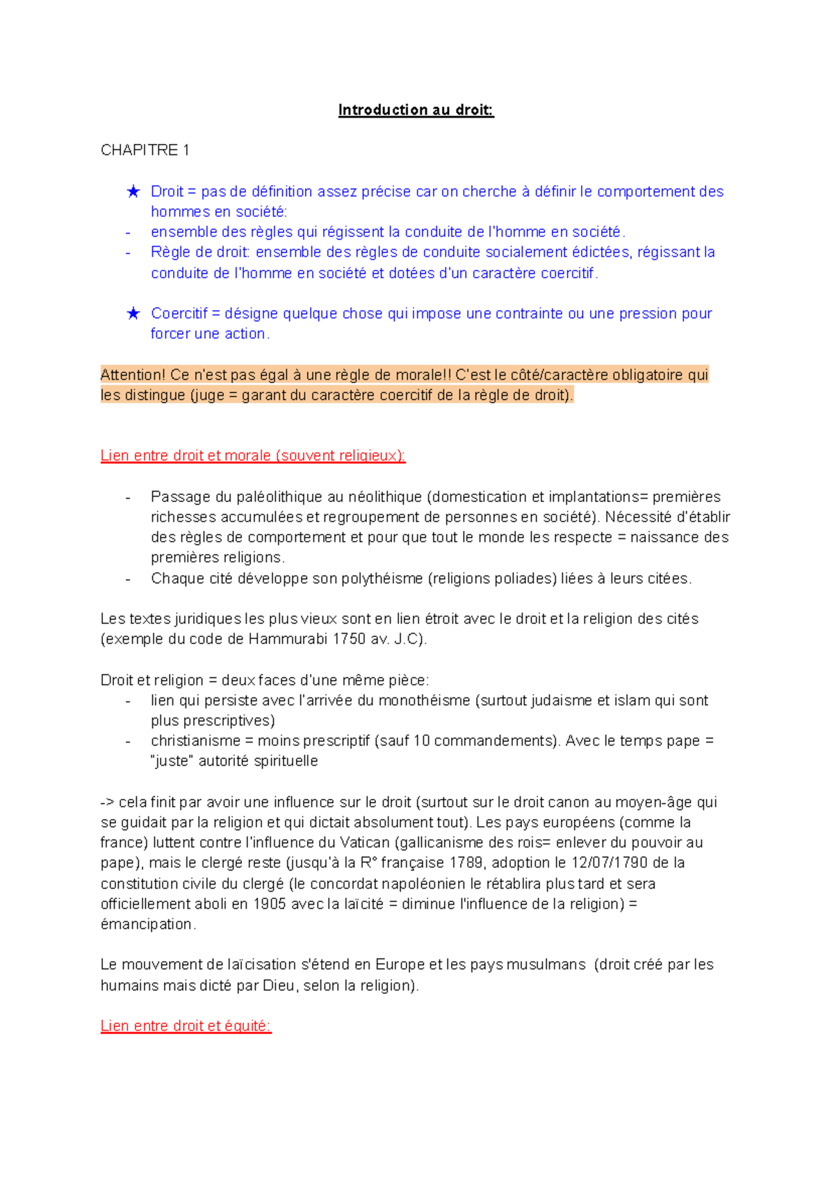 Fiches Droit S1 - Chapitre 1: Introduction au Droit et Règles ...