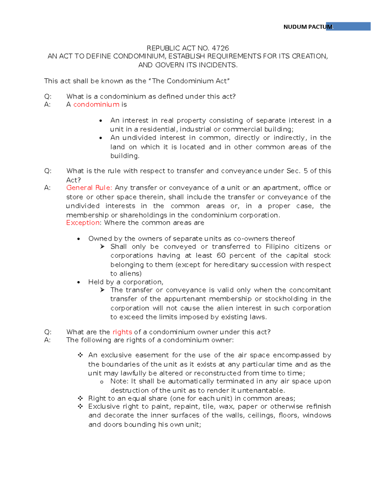 Condominium Act RA 4726: Key Provisions and Owner Rights - Studocu