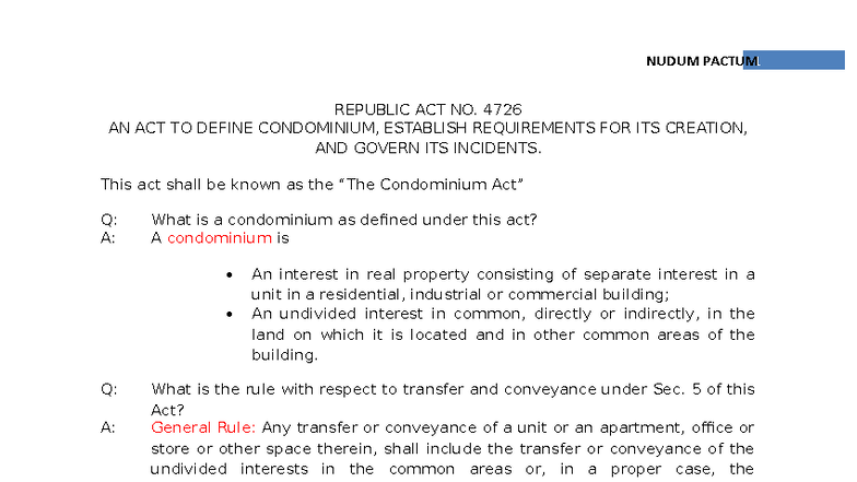 Condominium Act RA 4726: Key Provisions and Owner Rights - Studocu
