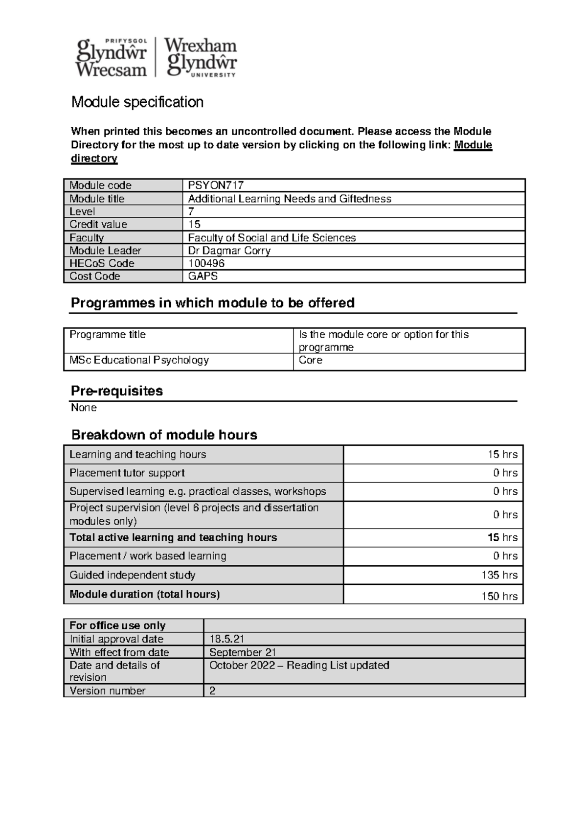 PSYON717 Module Specification: Additional Learning Needs & Giftedness ...