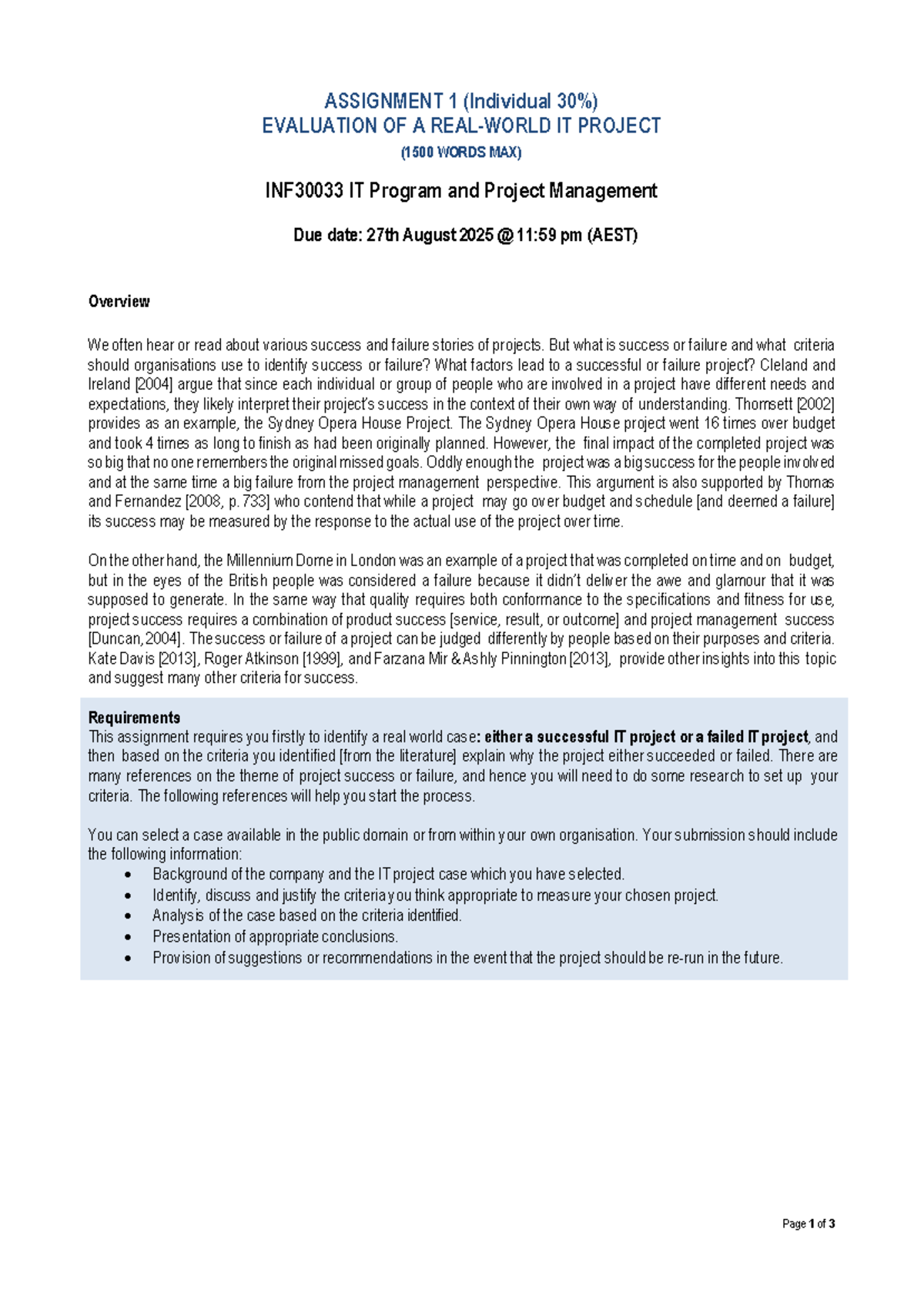 INF30033 Assignment 1: Evaluating Success and Failure in IT Projects ...