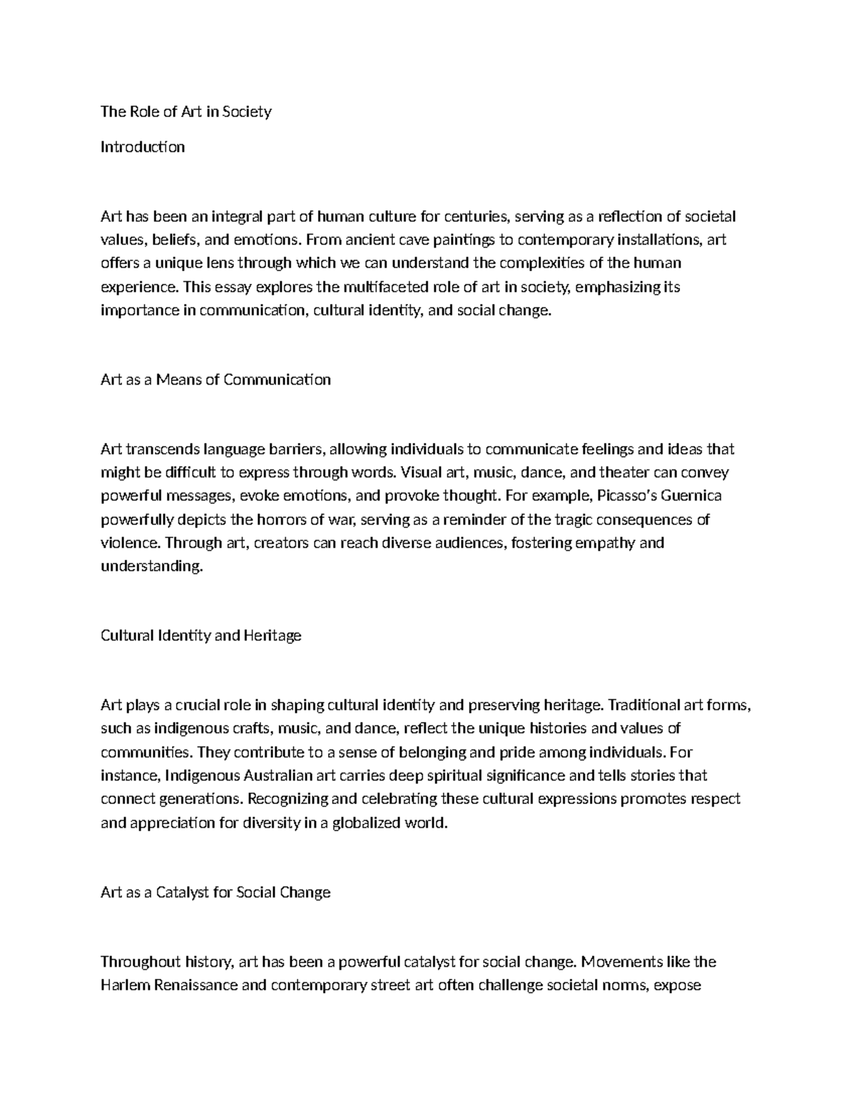 The Role of Art in Society: A Comprehensive Exploration - Studocu