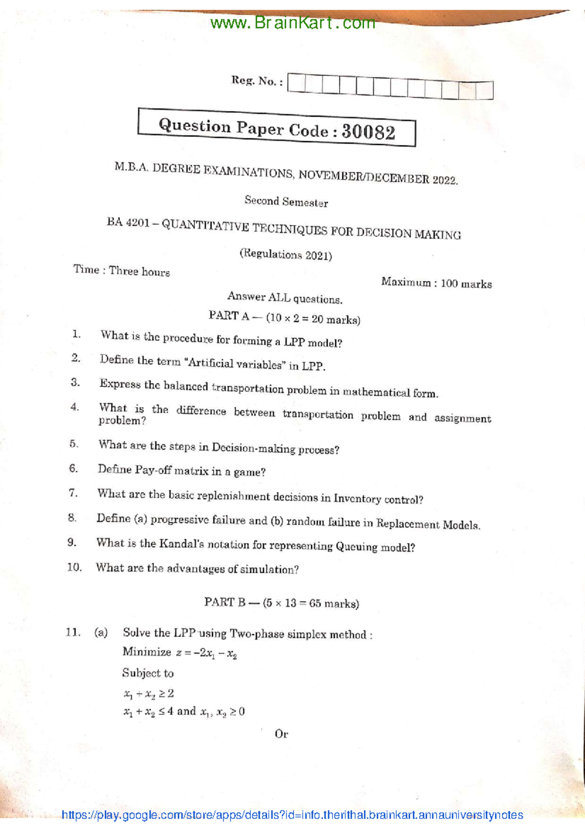 Quantitative Techniques for Decision Making - BA4201 Question Paper ...