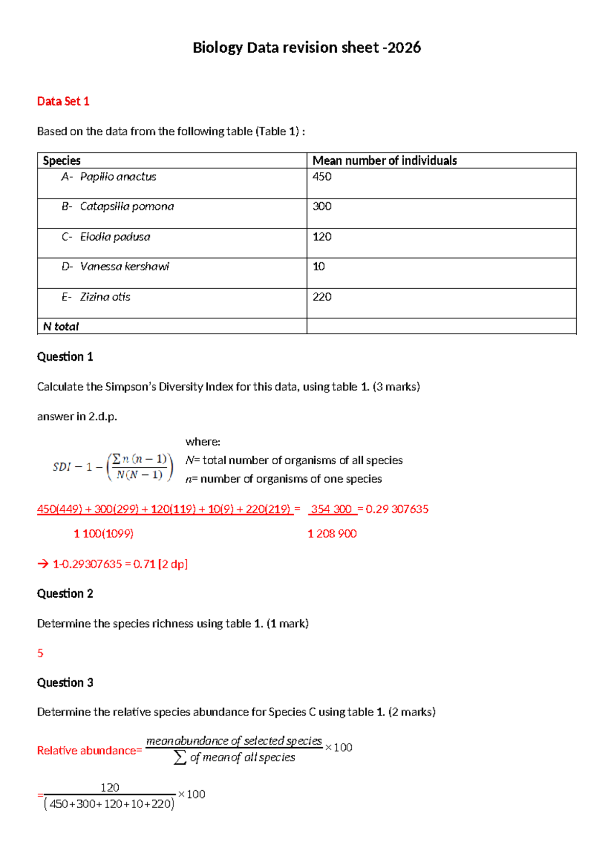 Biology Data Revision Sheet 2026: Ecosystem Analysis & Calculations ...