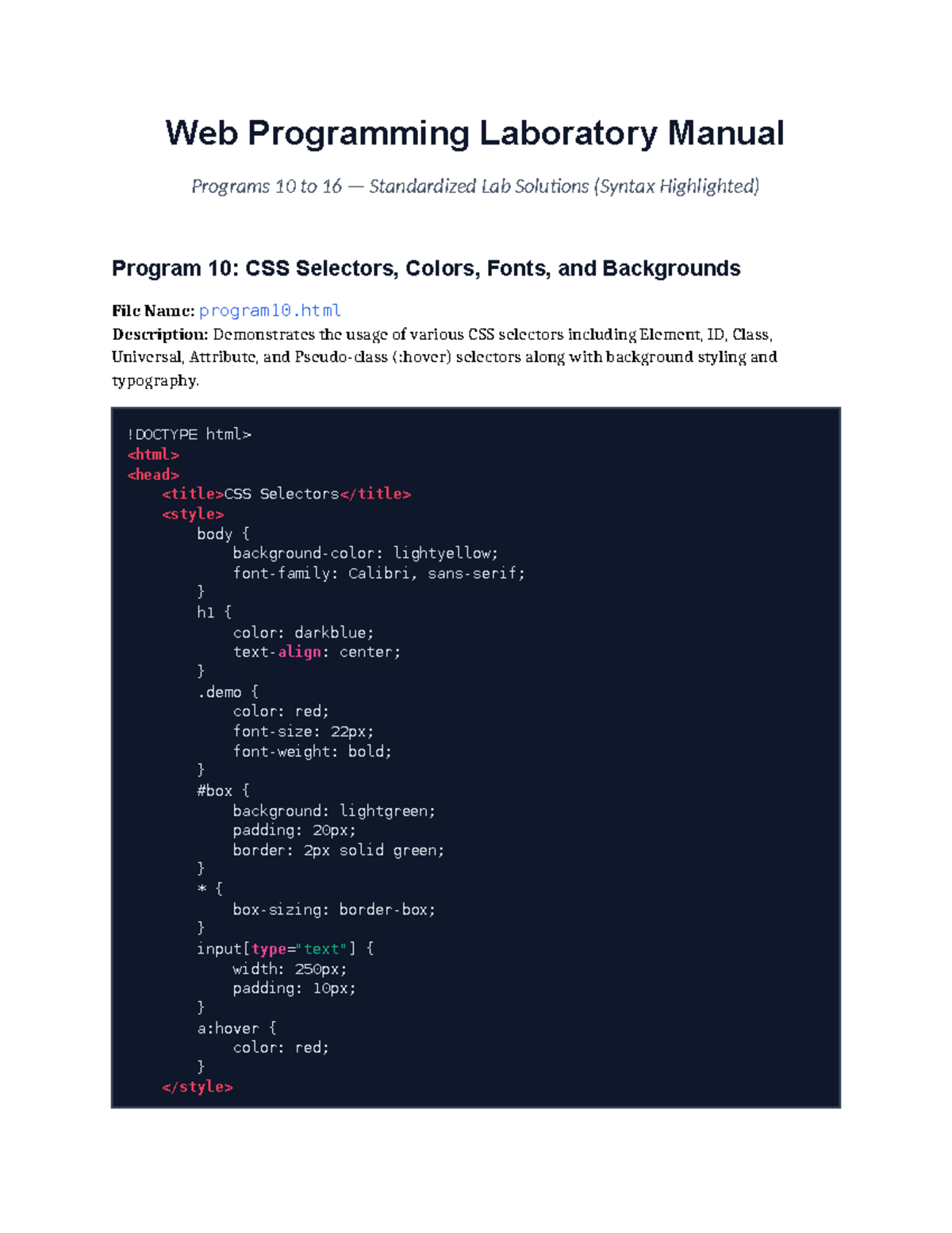Web Programming Lab Manual: Programs 10-16 Solutions - Studocu