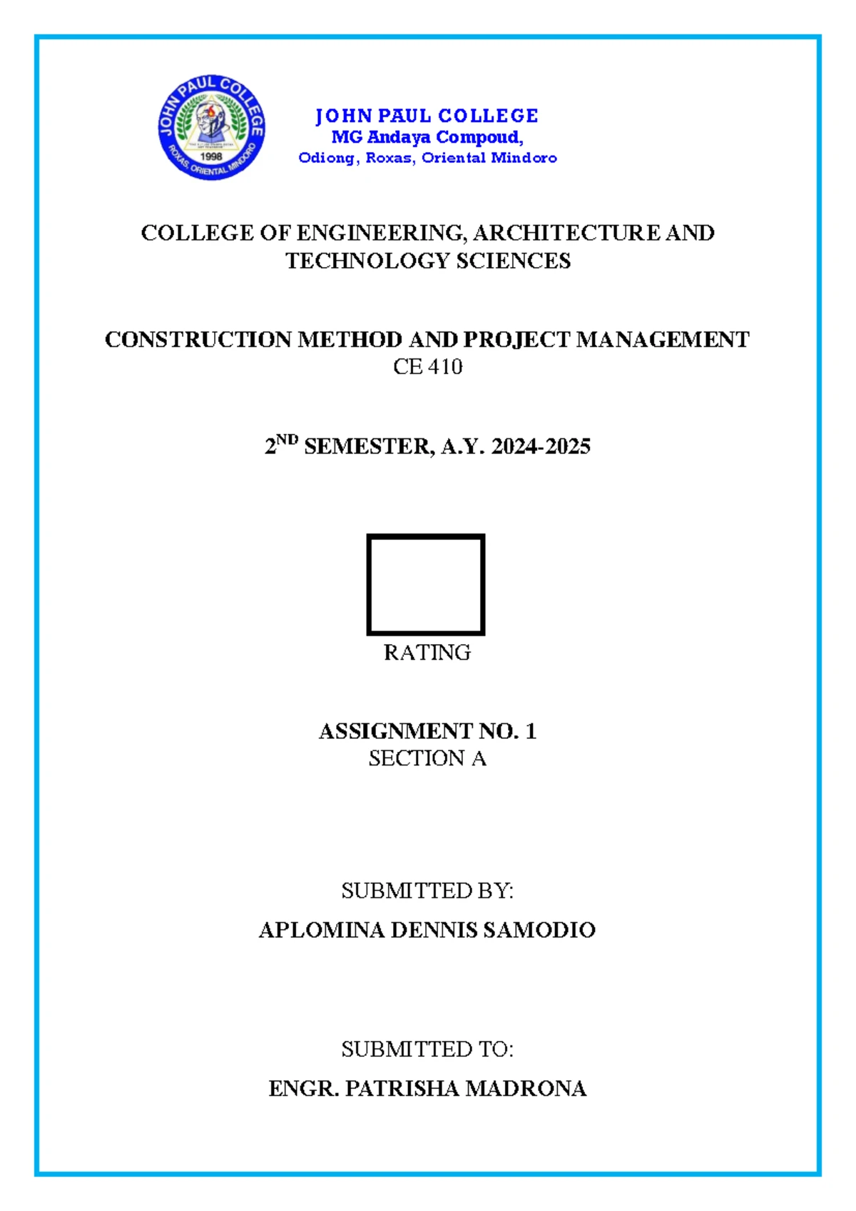 BSCE 4A Construction Methods & Project Management Final Output - Studocu