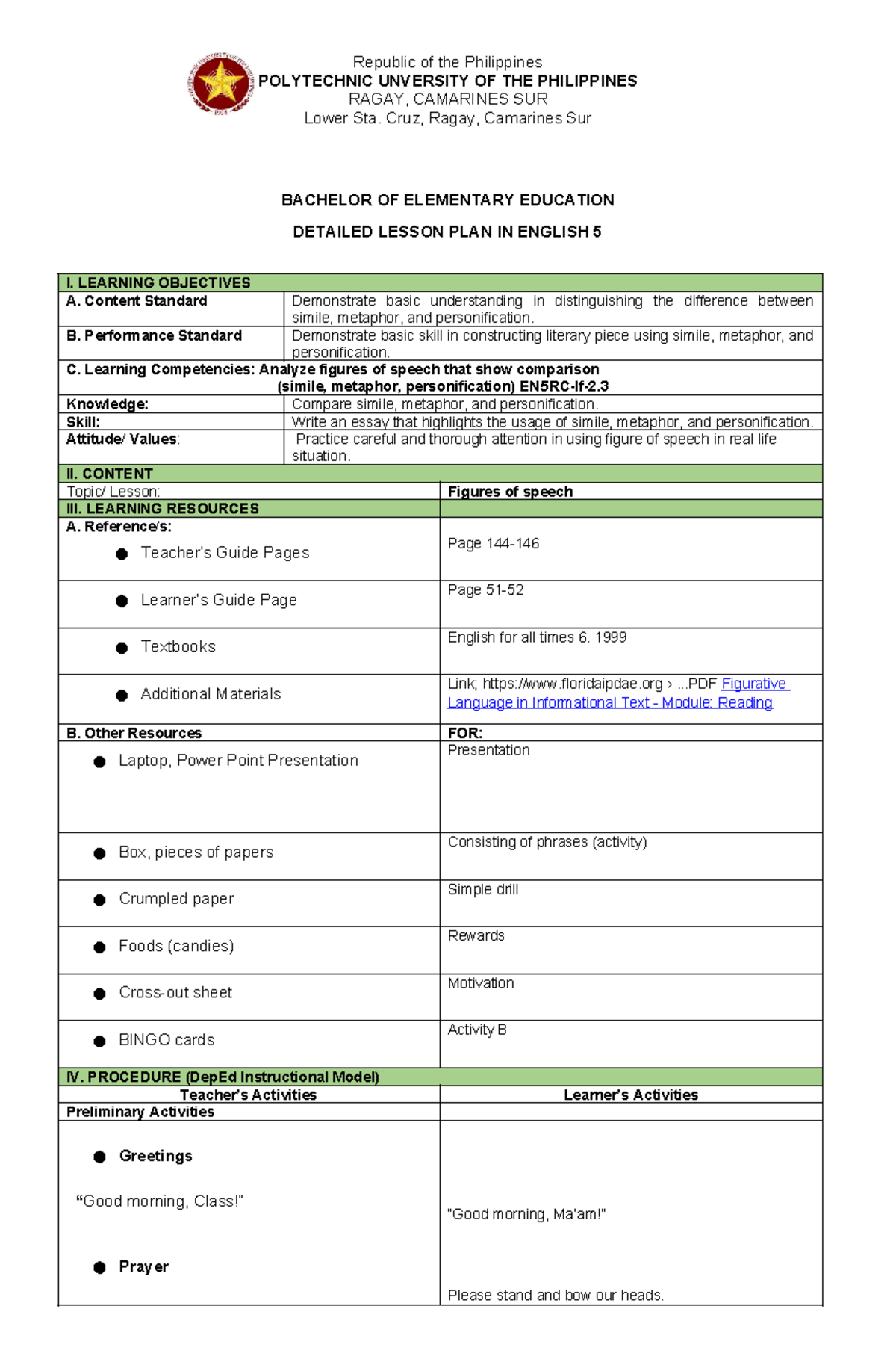 Detailed Lesson Plan in English 5: Figures of Speech (K to 12) - Studocu