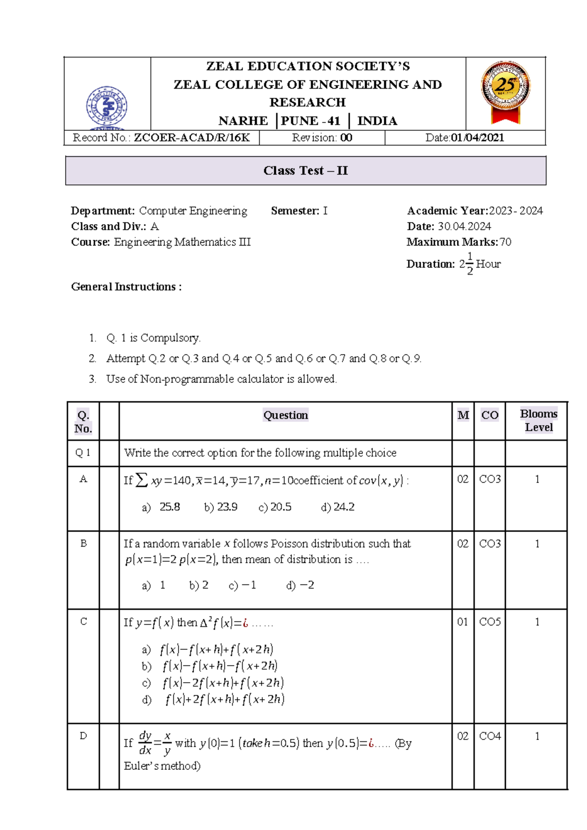 B Engineering Mathematics III Class Test II - ZEAL EDUCATION SOCIETY’S ...