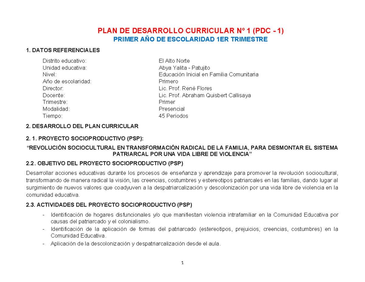 PDC K1 - Plan de Desarrollo Curricular 1er Trimestre 2023 - Studocu