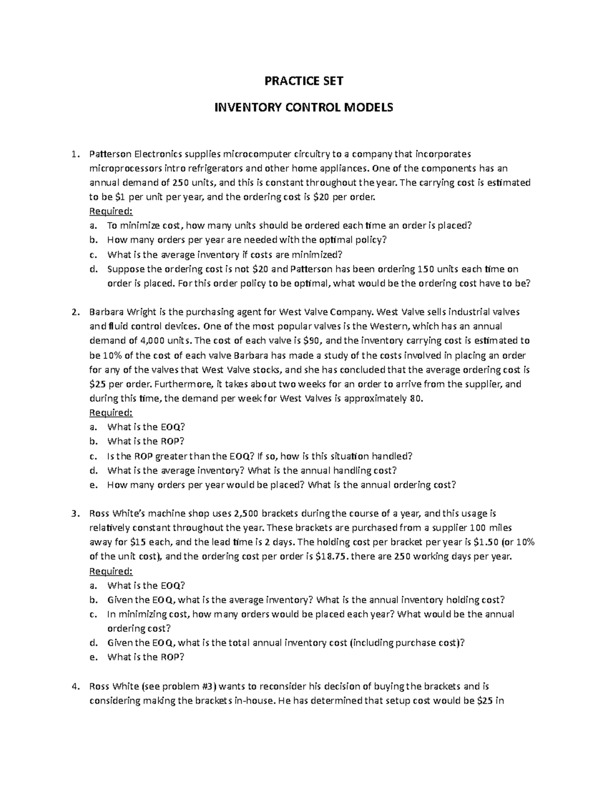Inventory Control Models & Decision Analysis Practice Set - ACC 101 ...
