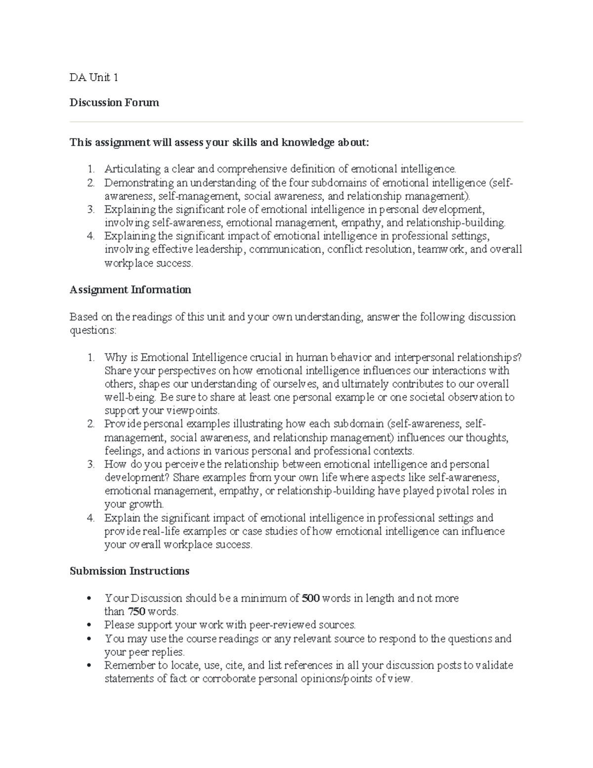 DA Unit 1 Discussion Forum: The Role of Emotional Intelligence in ...