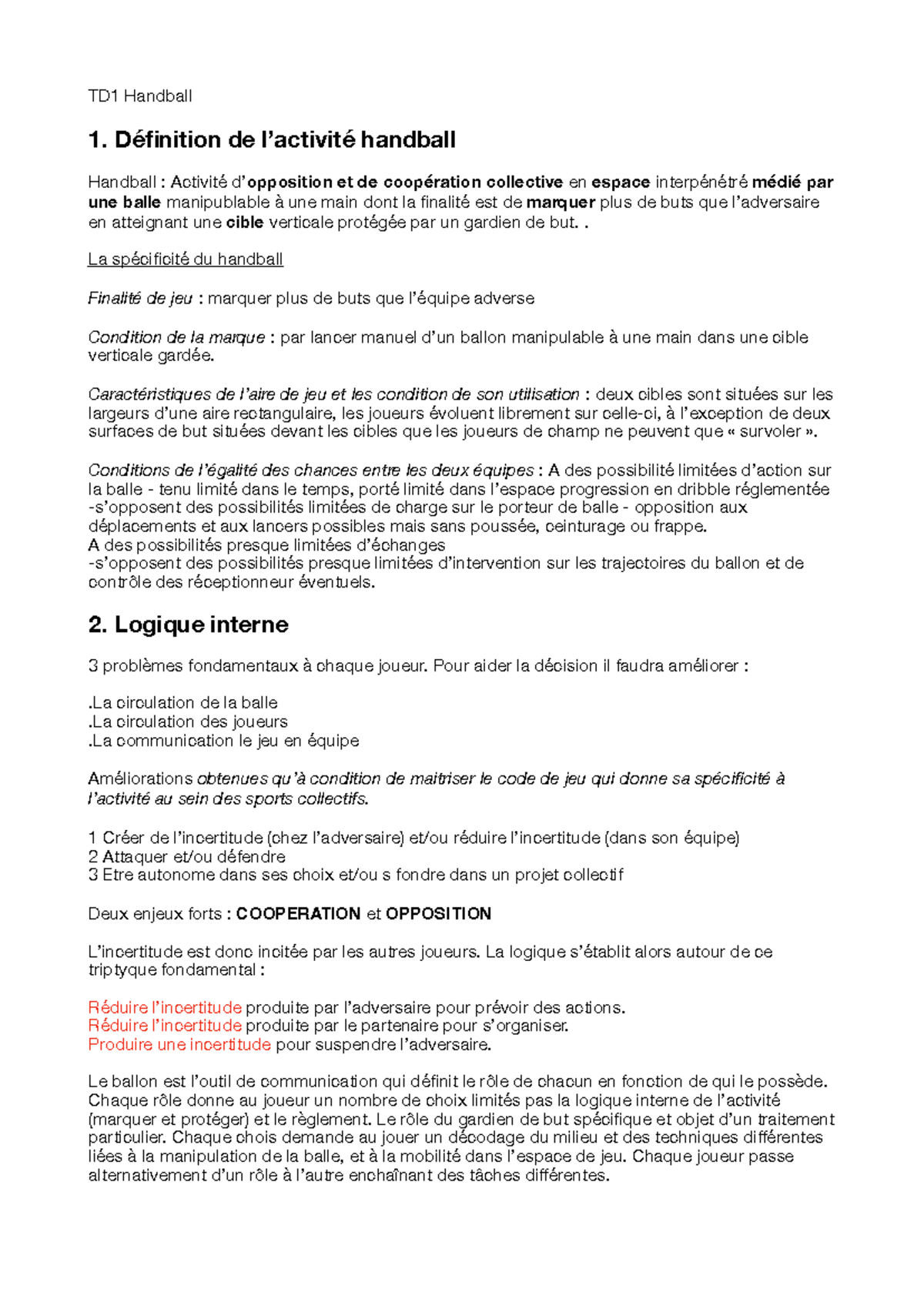 TD1 Handball: Introduction et Techniques Tactiques à Maîtriser - Studocu