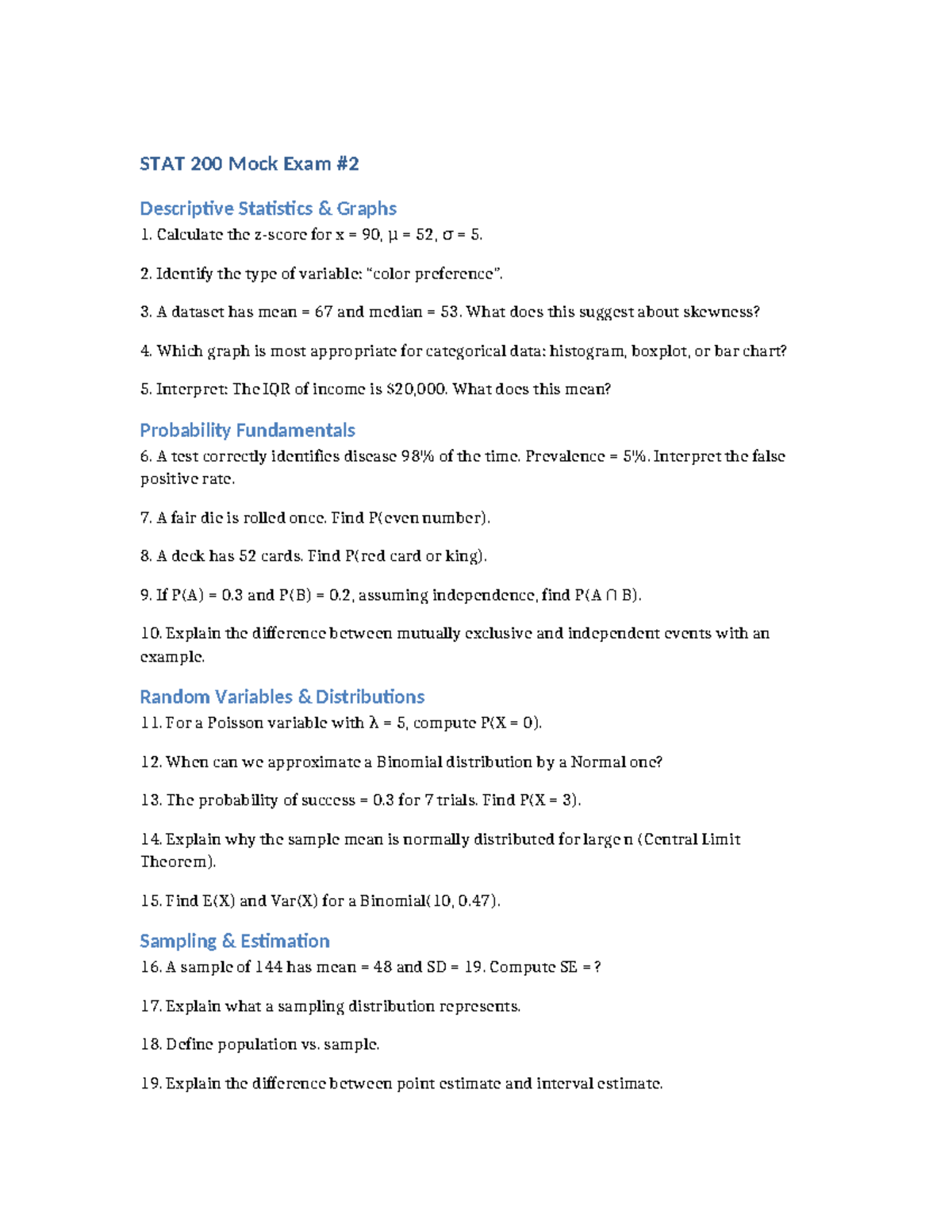 STAT 200 Mock Exam 02 - Descriptive Stats & Probability Questions - Studocu