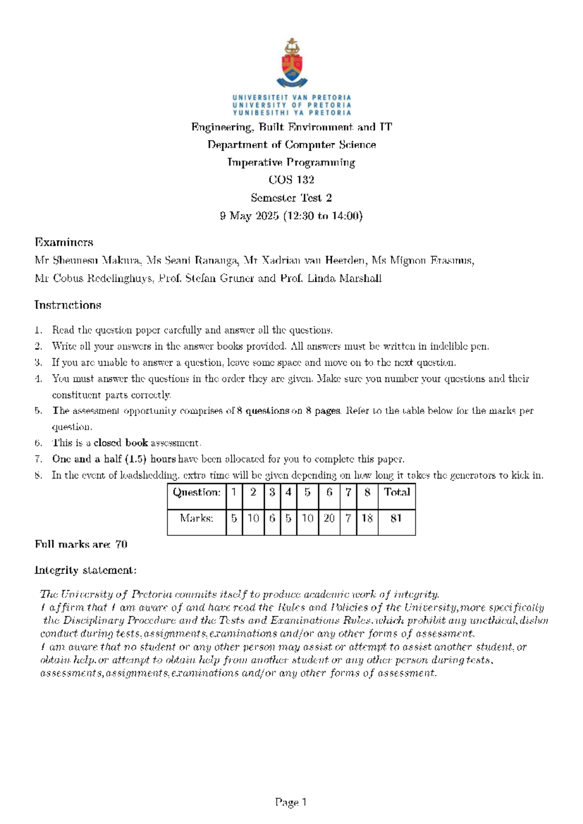 COS 132 Semester Test 2 - Past Paper Solutions and Code Analysis - Studocu