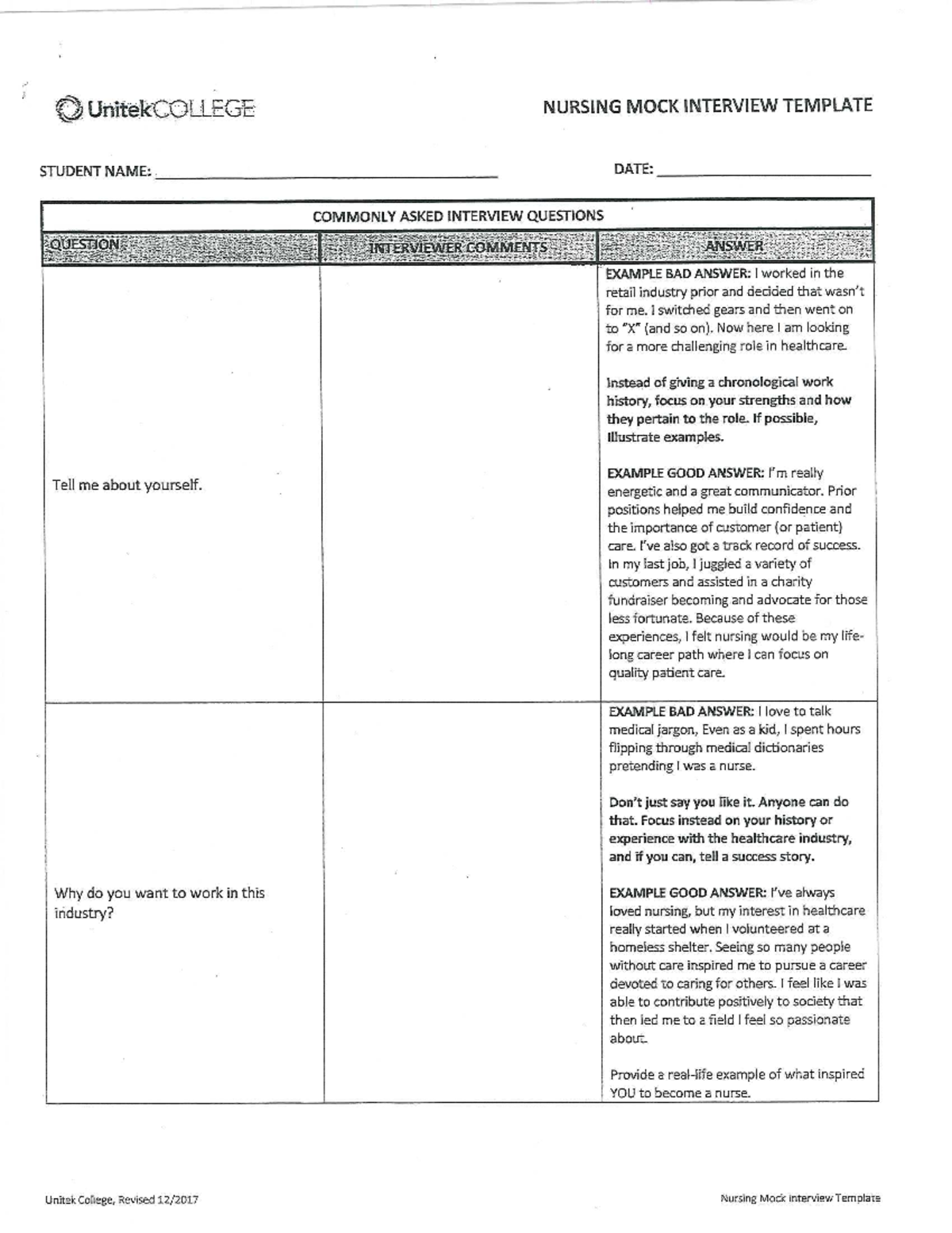 UnitekCOLLEGE NURSING MOCK INTERVIEW TEMPLATE: Common Questions ...