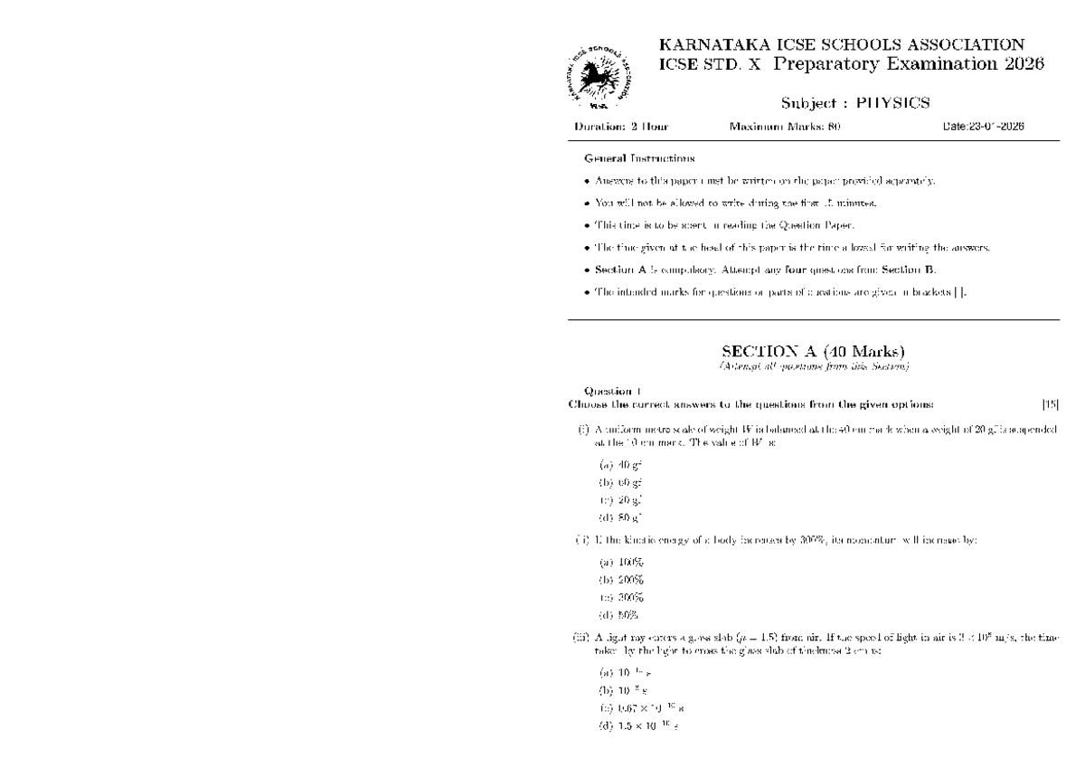 KISA ICSE Physics Std. X Preparatory Exam QP 2026 - Studocu