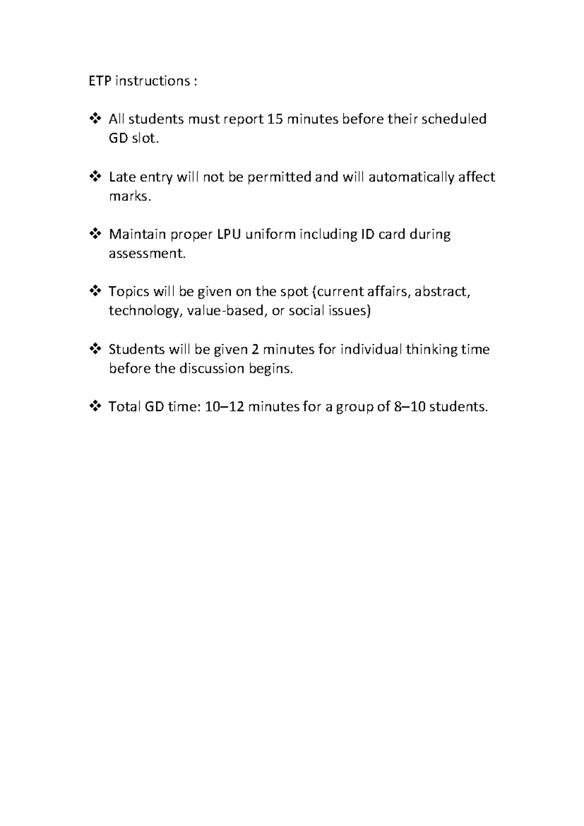 ETP instructions PEV301 - ETP instructions : All students must report ...