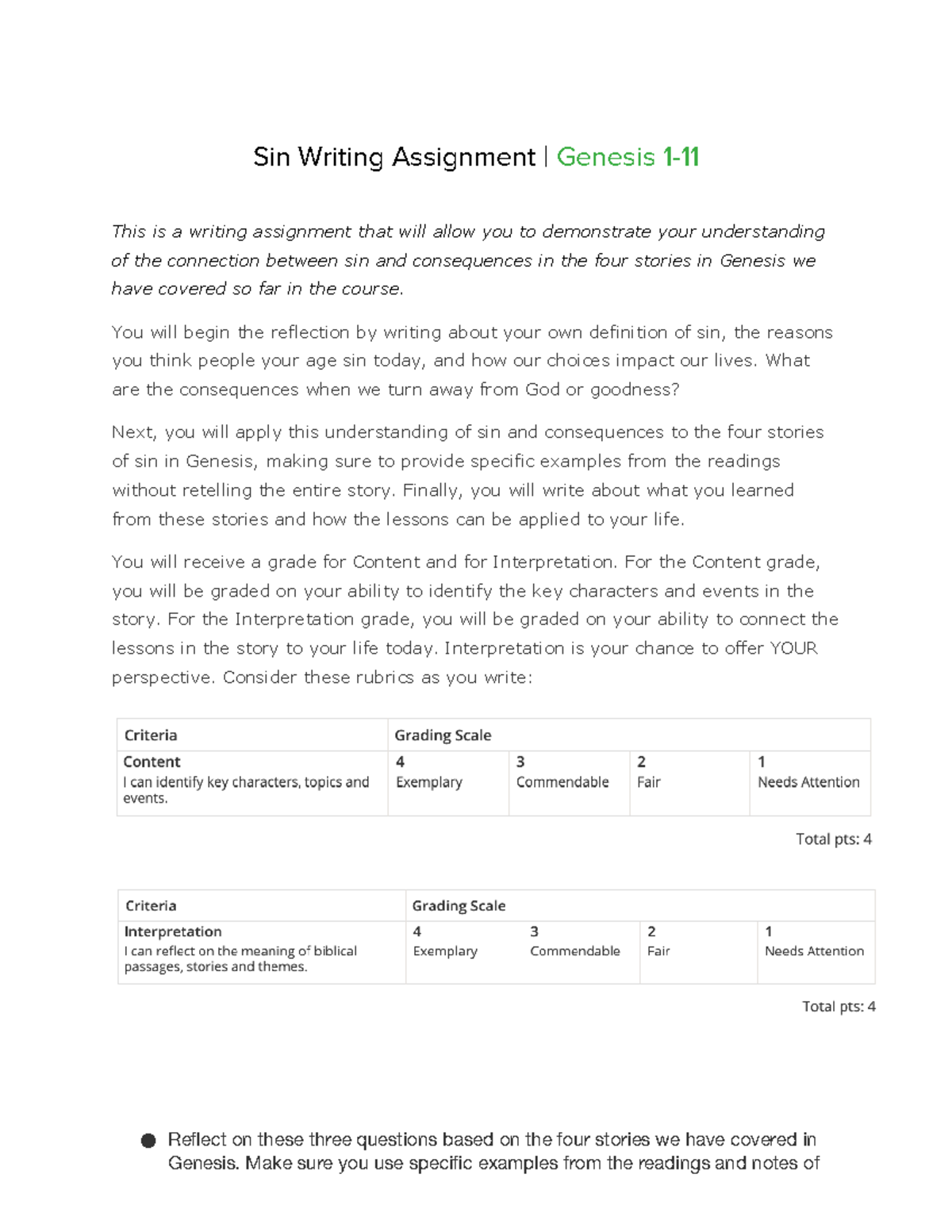 Genesis Writing Assignment: Sin and Consequences Analysis - Studocu