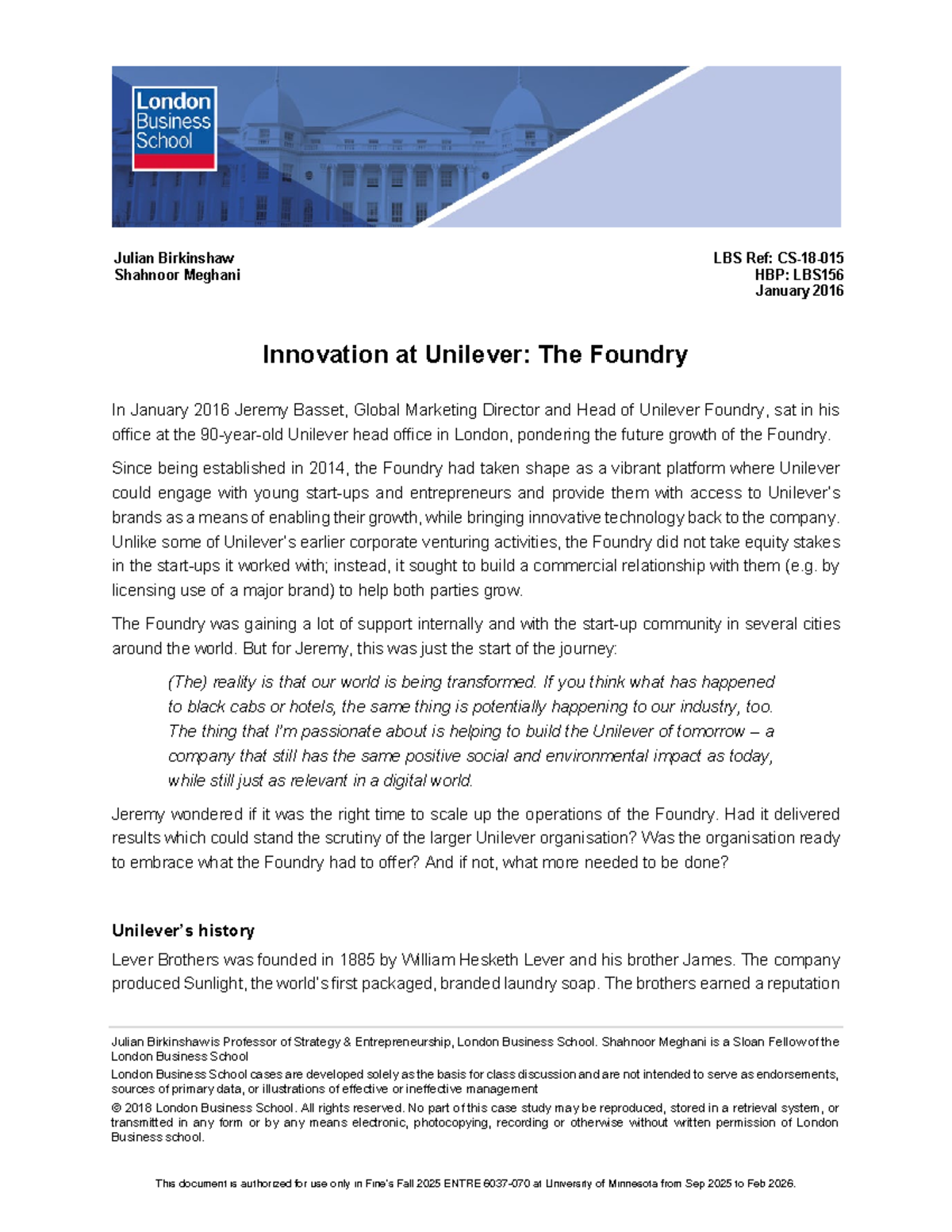 LBS156 Case Study: Innovation at Unilever - The Foundry (Jan 2016 ...