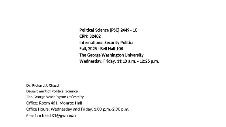 PSC 2449: International Security Politics Syllabus - Fall 2025 - Studocu