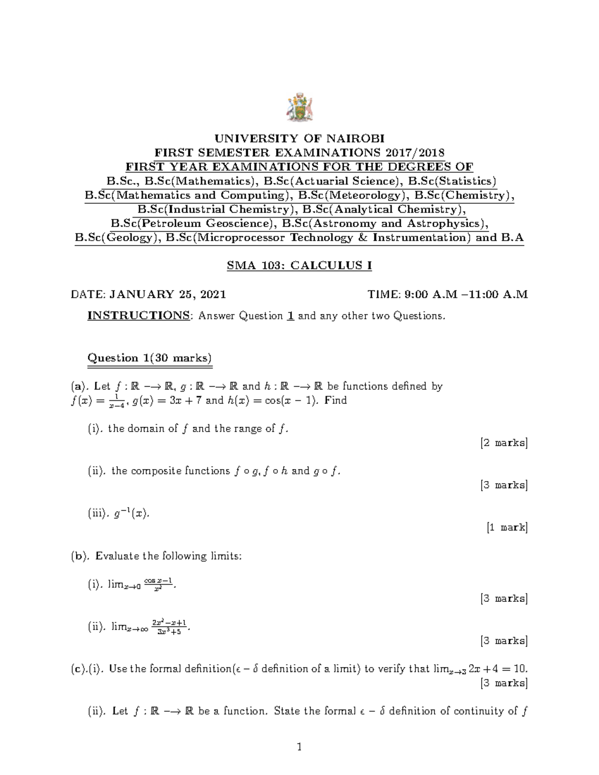 SMA103 Final Exam Paper January 2021 - Calculus I - Studocu