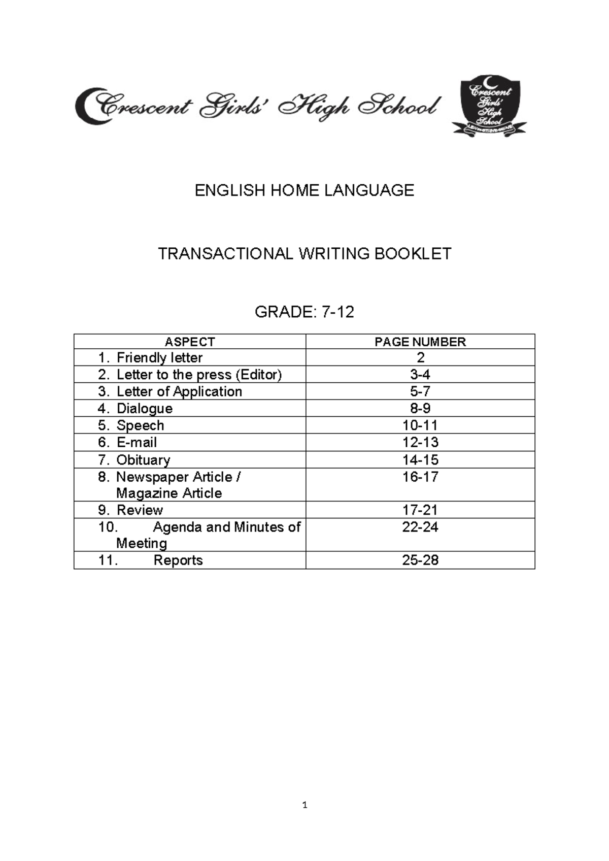 ENGLISH HL TRANSACTIONAL WRITING BOOKLET: GRADE ASPECTS & SAMPLES - Studocu