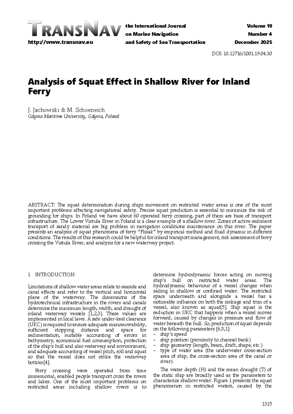 Analysis of Squat Effect in Shallow River for Inland Ferry (ENG-2025 ...