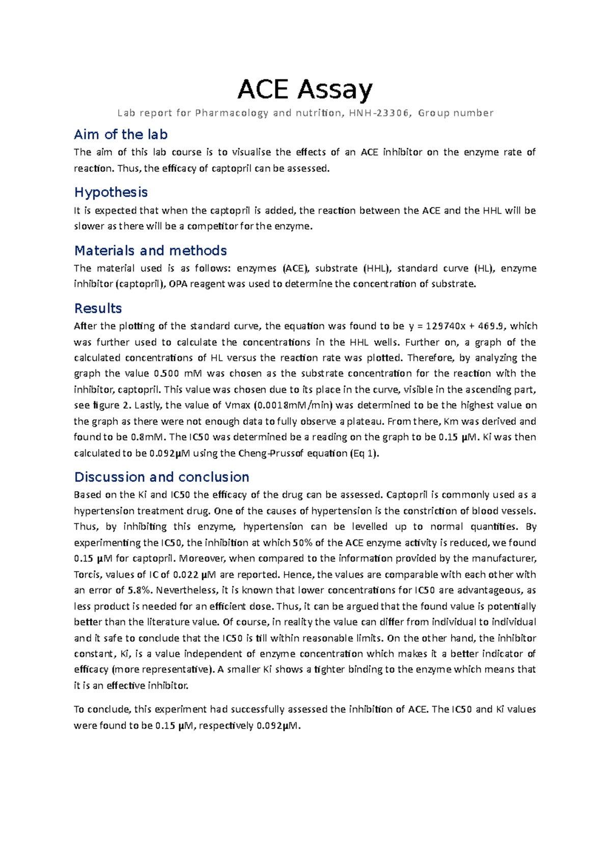 Lab Report on ACE Assay Effectiveness - HNH-23306 - Studeersnel