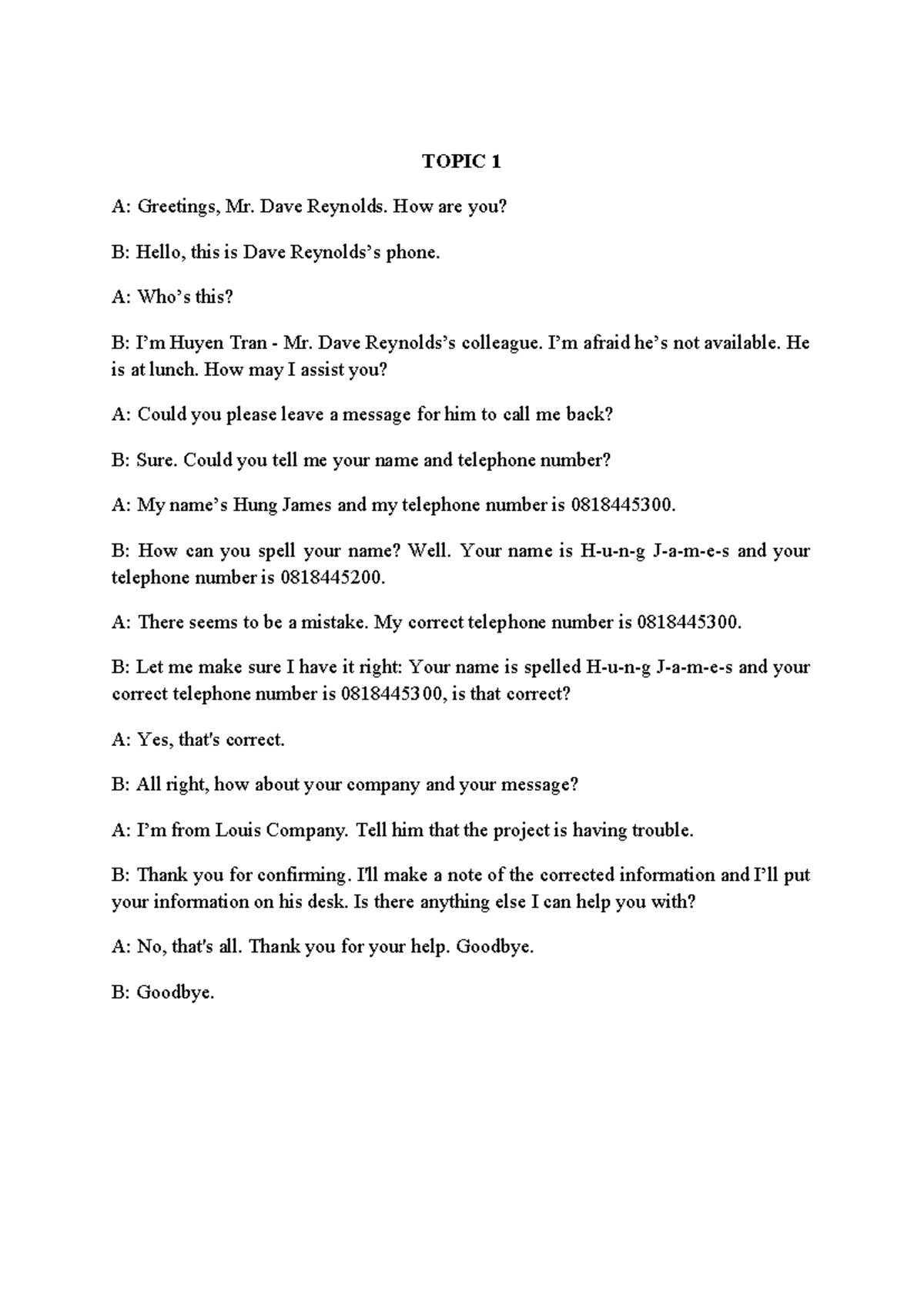 Speaking AVTM - jhh yft hghg hghk jvj - TOPIC 1 A: Greetings, Mr. Dave ...
