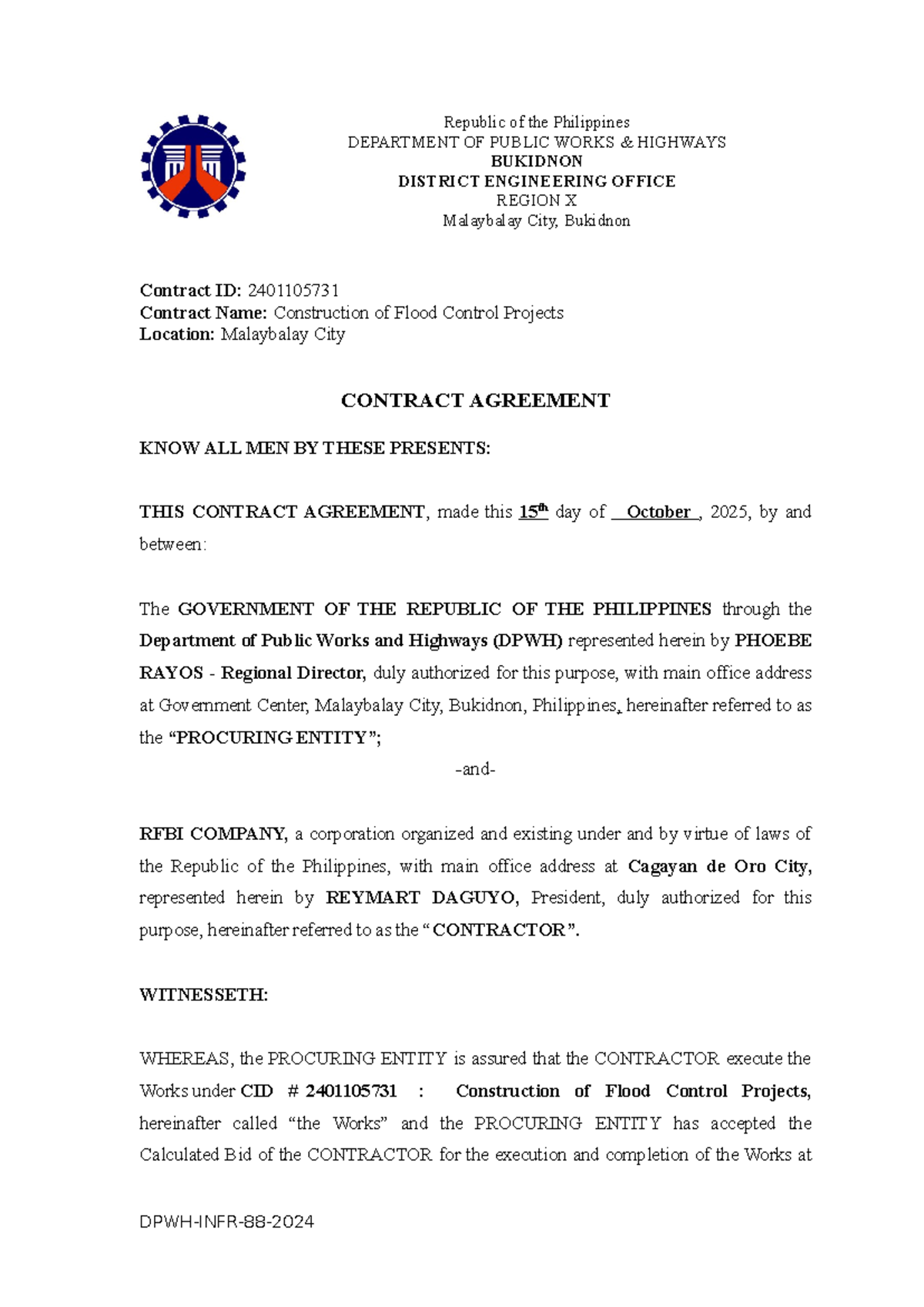 Contract Agreement for Flood Control Project CID 2401105731 - Studocu