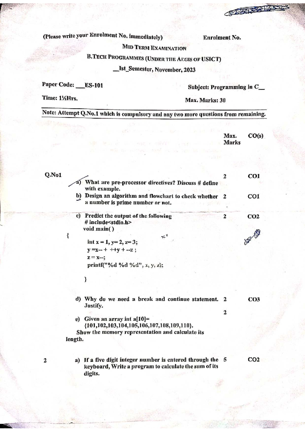 B.TECH 1st Sem Midterm Exam: Programming in C (Nov 2023) - Studocu