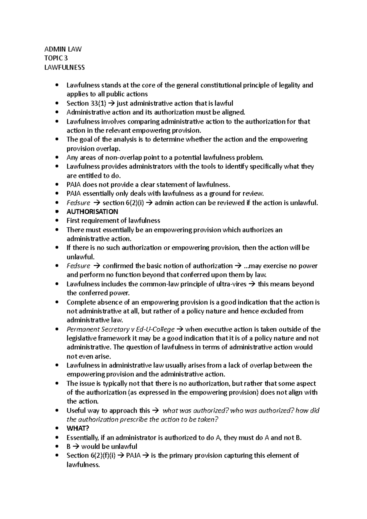 Admin LAW Topic 3: Analyzing Lawfulness in Administrative Action - Studocu