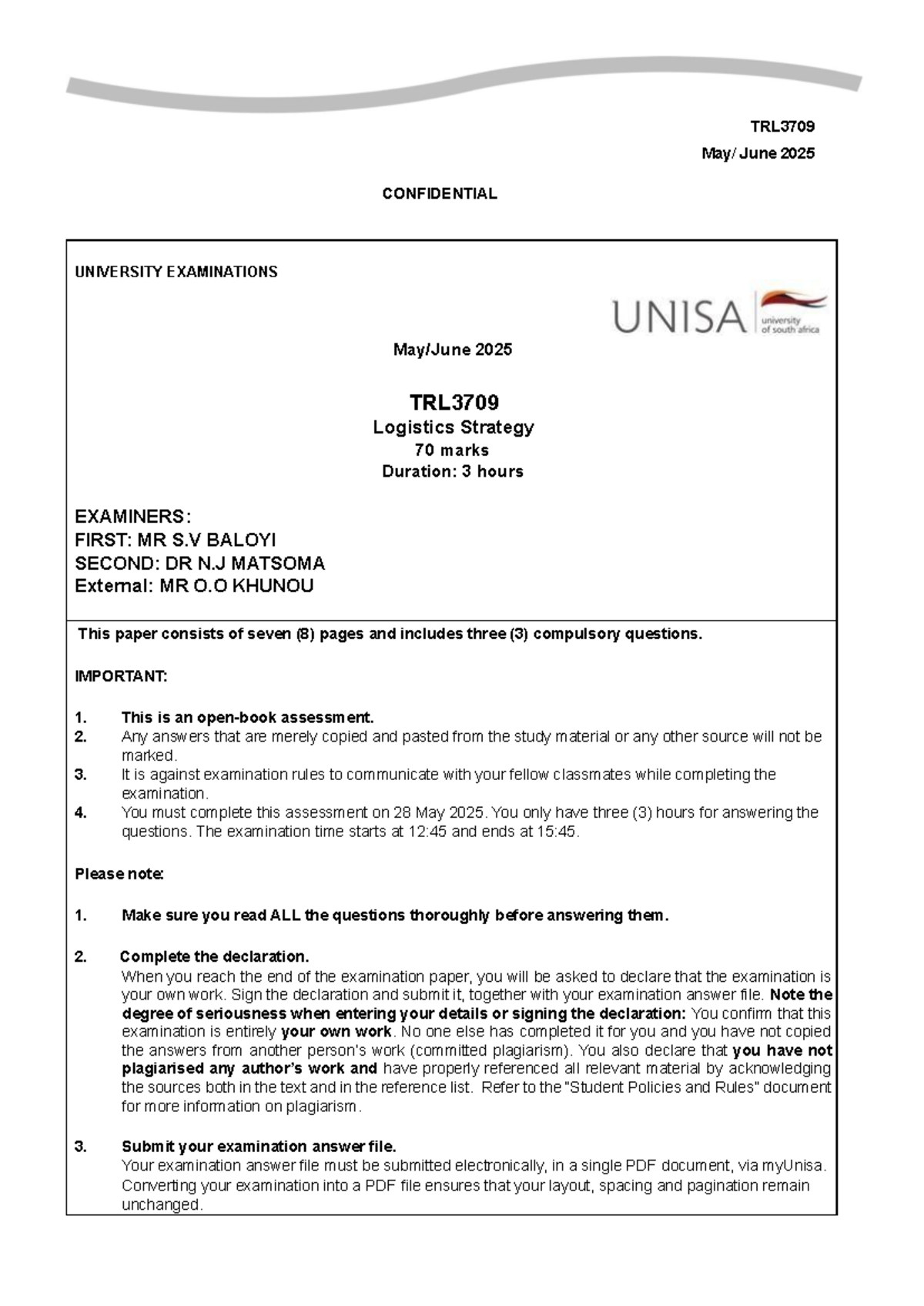 TRL3709 Logistics Strategy Exam Paper - June 2025 - Studocu