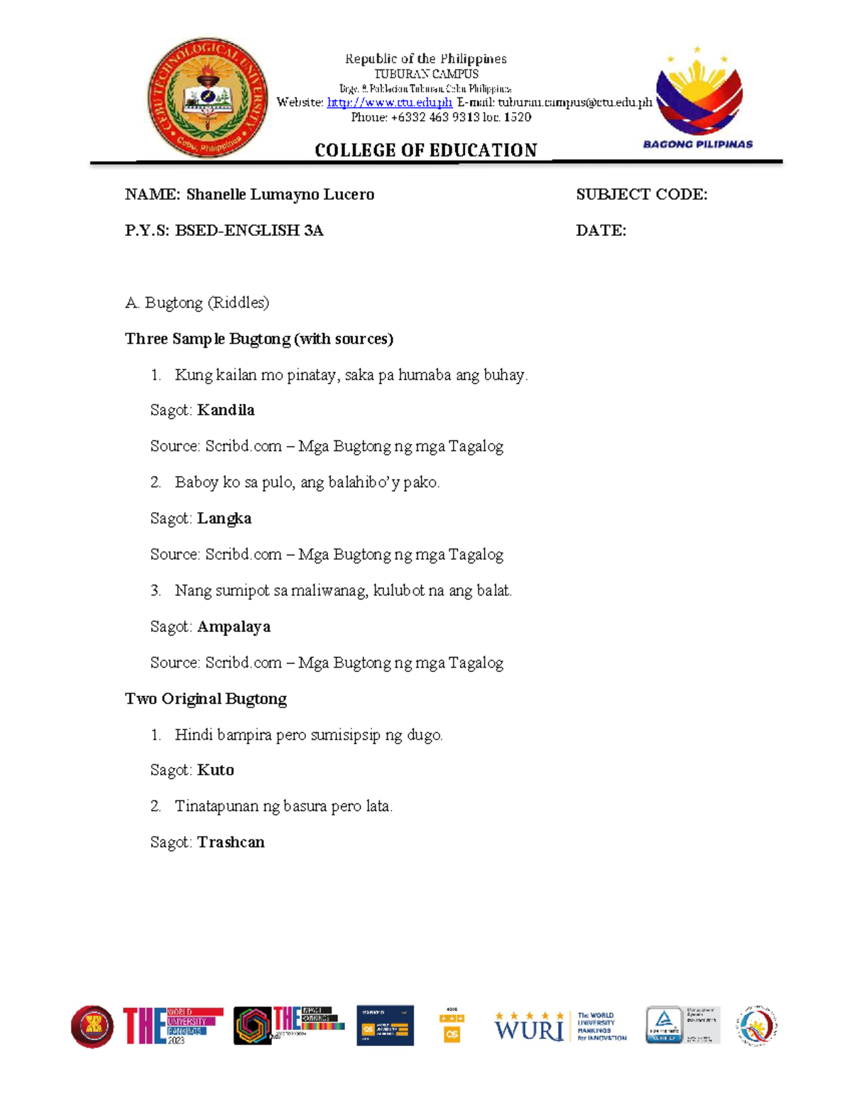 P.Y.S 3A: Bugtong (Riddles) - Sample & Original Examples - Studocu