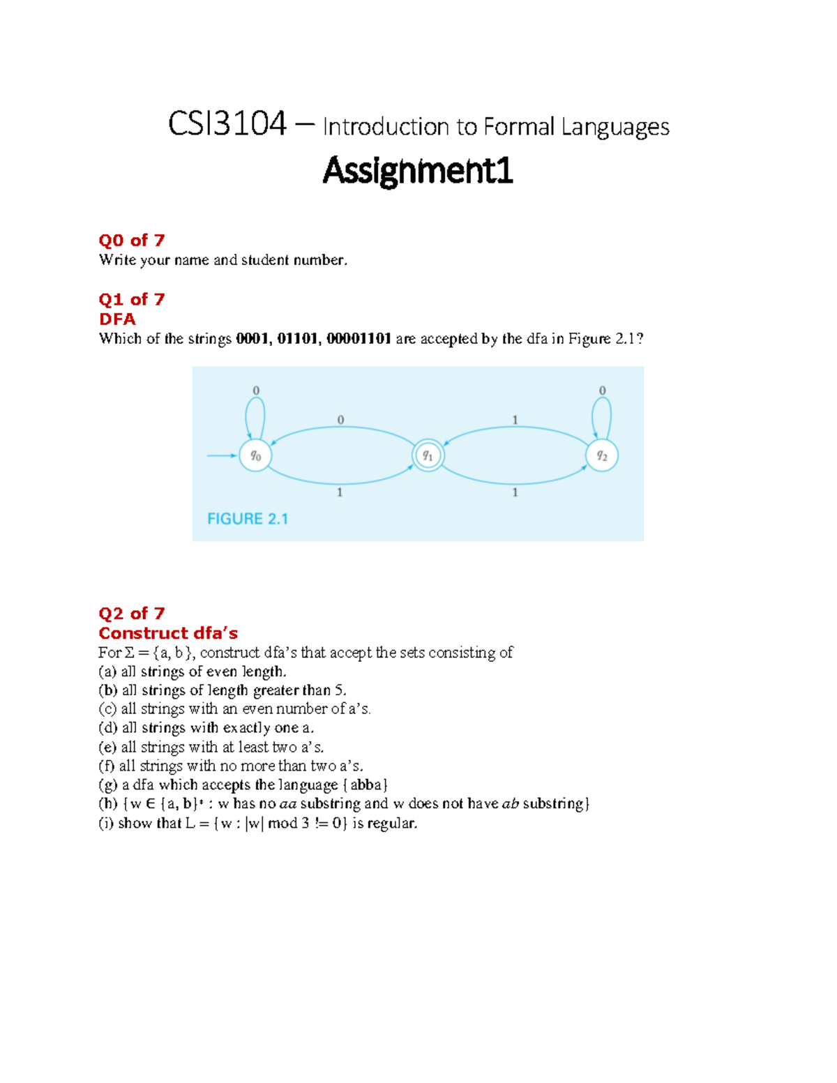 Assignment 1 - CSI3104 – Introduction to Formal Languages Assignment 1 ...