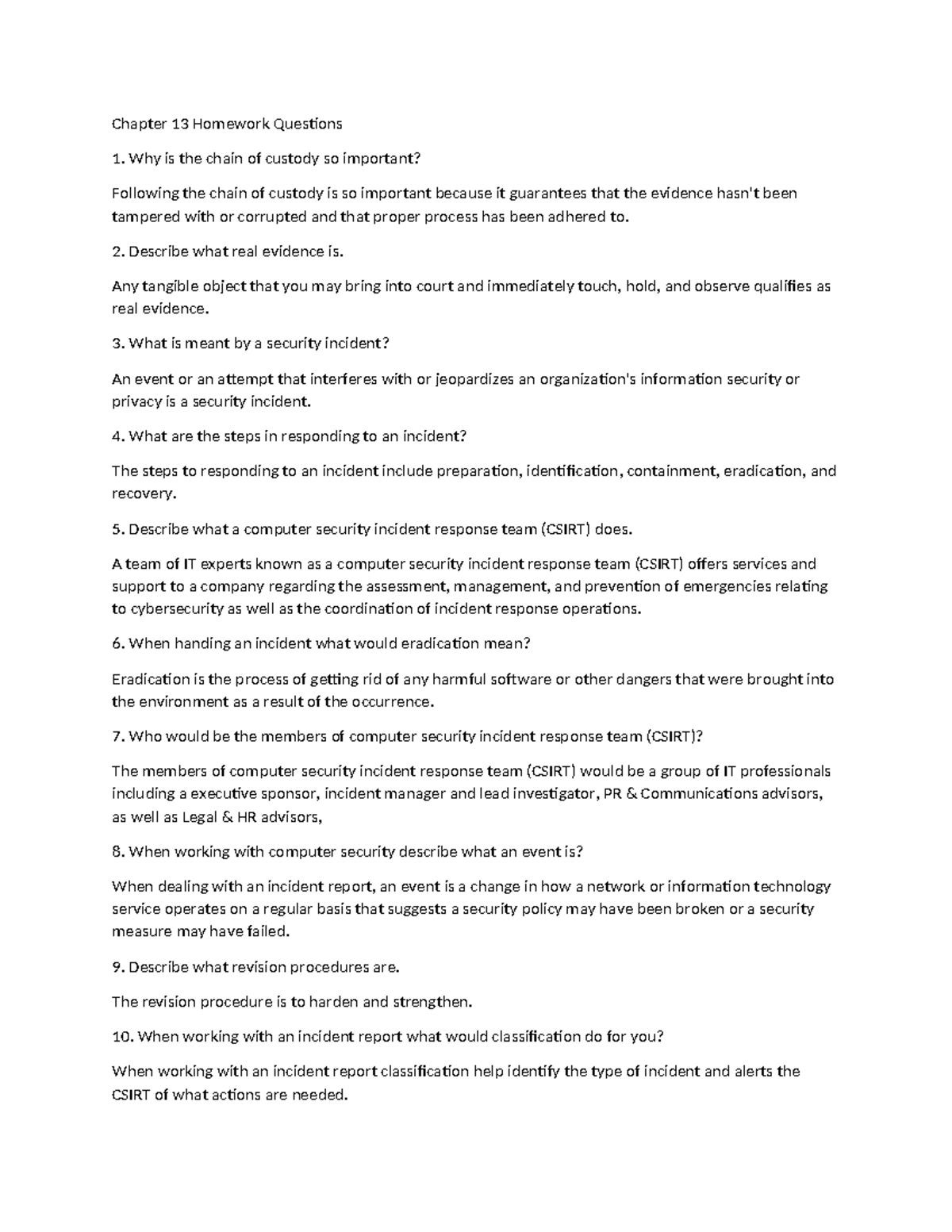 Chapter 13 Homework: Key Concepts in Incident Response and CSIRT - Studocu