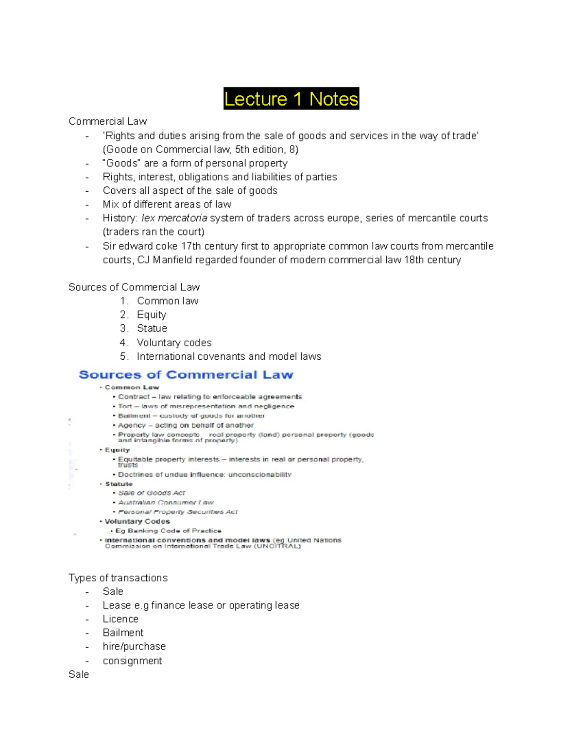 Property and Commercial Lectures Notes - Lecture 1 Notes Commercial Law ...
