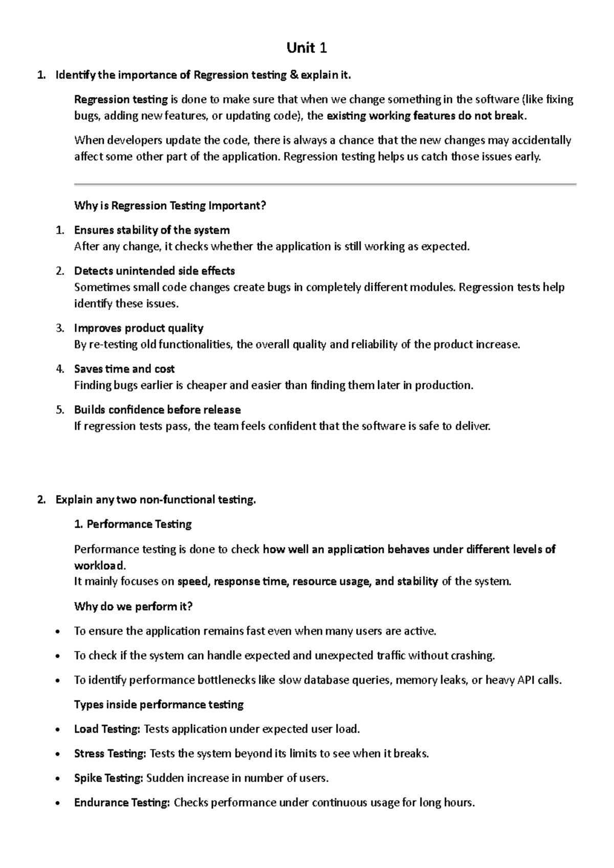 STQA Unit 3 - Importance of Regression Testing and Performance Testing ...
